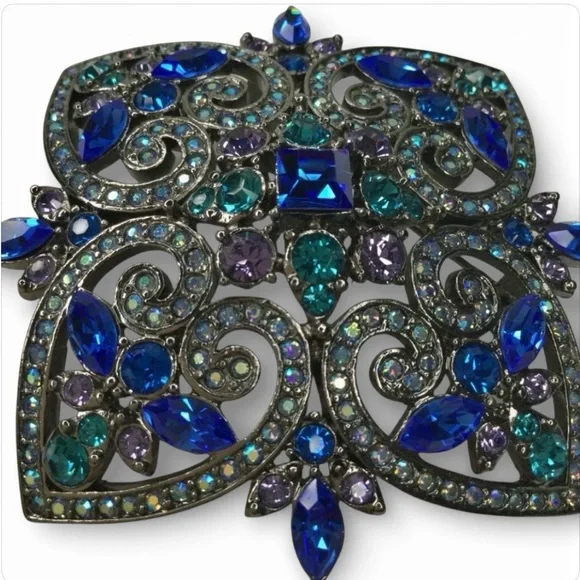 Vtg JOAN RIVERS Maltese Cross Brooch Rich Blues & AB Rhinestones Signed Thailand - Picture 6 of 14